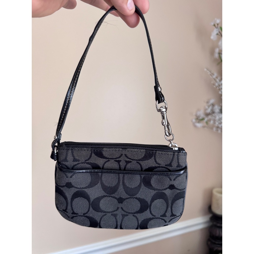 Coach Signature Jacquard Wristlet Black Grey Canvas Leather Trim Small Bag